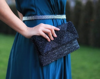 Black Power Clutch,Party Clutch,Abendtasche,Black Clutch,Beads Clutch,Clutch mit Kette