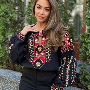 Black Ukrainian Vyshyvanka, Women’s Embroidered Cotton Blouse with Carpathian Folk Patterns, Boho Ethnic Top, Ukrainian Embroidery Blouse
