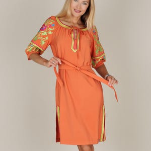 Orange Festival Dress, Ukrainian Embroidered Linen Dress, Boho Folk Vyshyvanka Tunic for Summer Events & Cultural Festivals