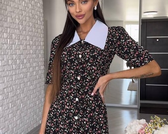 Floral Summer Dress with White Collar, Cotton Button Front Casual Short Sleeve Dress