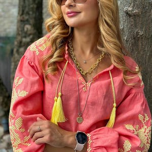Elegant Pink Linen Vyshyvanka | Yellow Floral Embroidery Blouse|