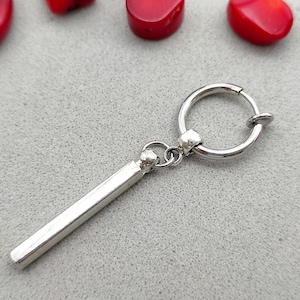 Clip-on bar oorbel, Stick oorbel, Hoepel oorbel, Zilveren stok, Mannen sieraden, Bungelende oorbel, Voor mannen, Cadeau voor mannen, Grunge, Cadeau idee