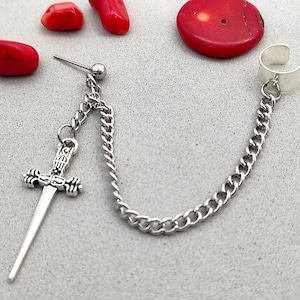 Zwaard oorbel met ketting en manchet wrap, Zilveren zwaard, Mannen sieraden, Acryl zwaard, Ketting bungelen, Voor mannen, Cadeau voor mannen, Grunge, Zwaard bungelen