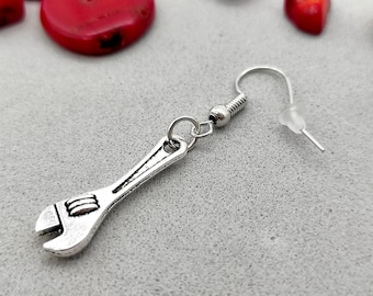 Handmade Adjustable Wrench Earring: Silver Plated Tool Jewelry