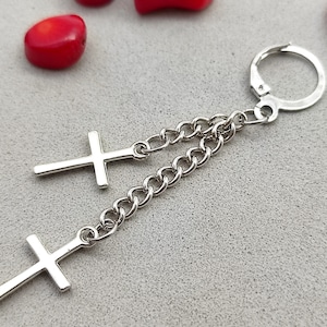 Double cross earring, Silver cross earring, Silver cross, Men jewelry, Cross earring, Chain earring, For men, Gift for men,Religious earring