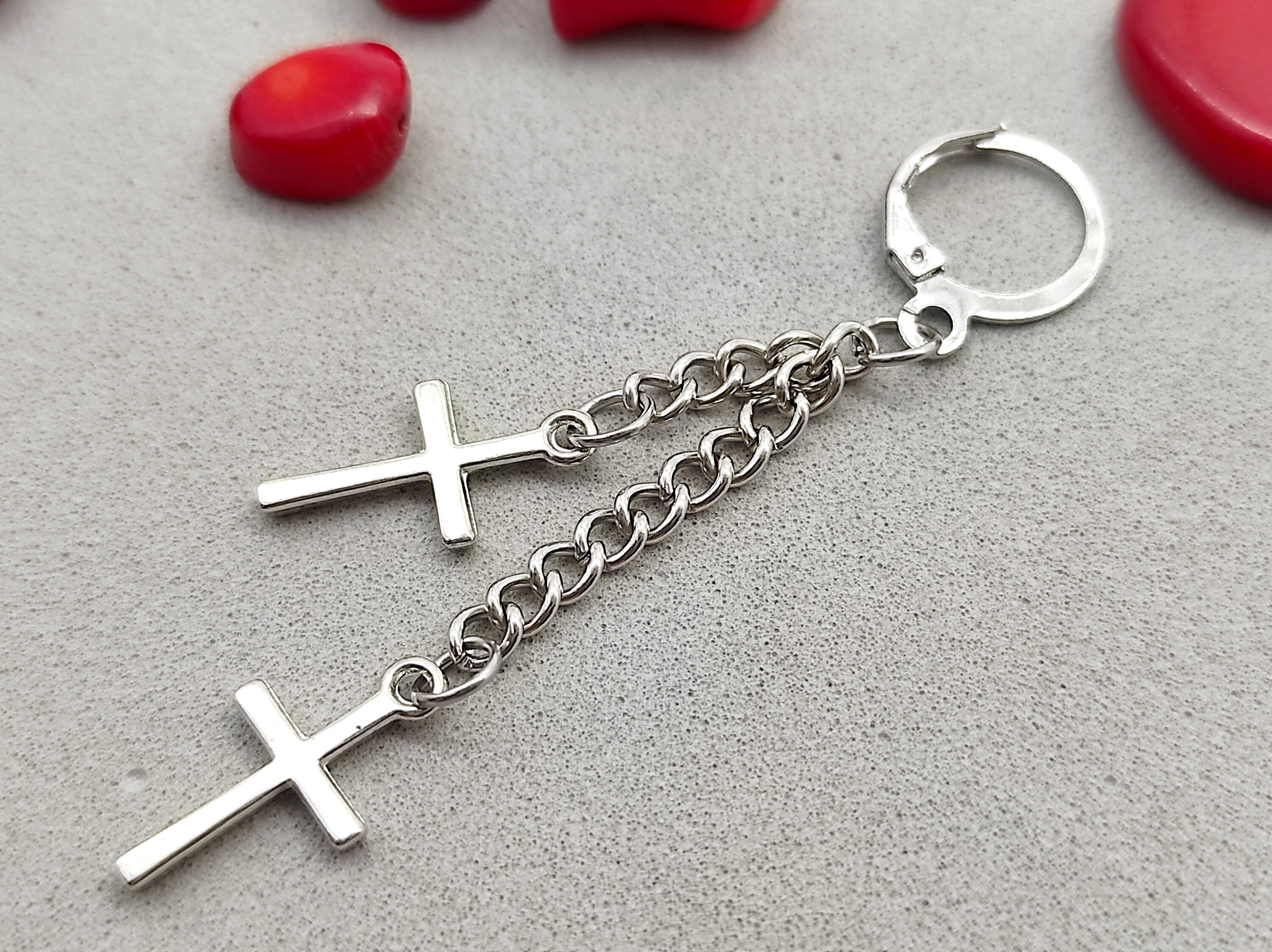 Double cross earring, Silver cross earring, Silver cross, Men jewelry, Cross earring, Chain earring, For men, Gift for men,Religious earring