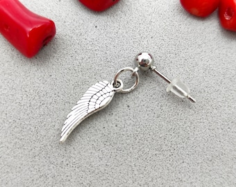 Silver Wing Dangle Earring: Unisex Angel Wing Stud (Single)