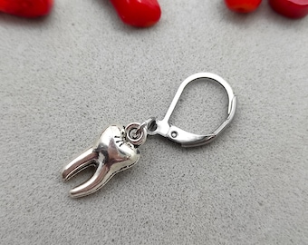 Dangling Tooth Earring: Silver Dentist Gift, Halloween Jewelry