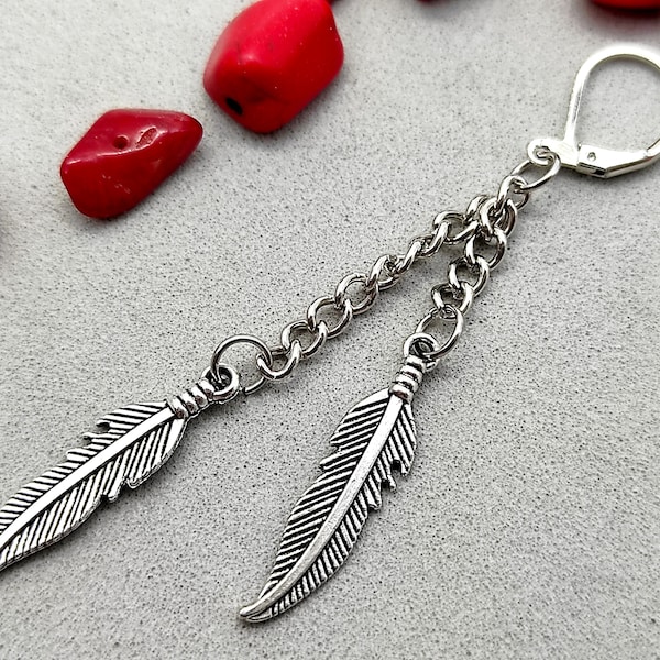 Double feather earring, Silver feather earring, Silver feather, Men jewelry,Feather earring, Chain earring, For men, Gift for men, Animal