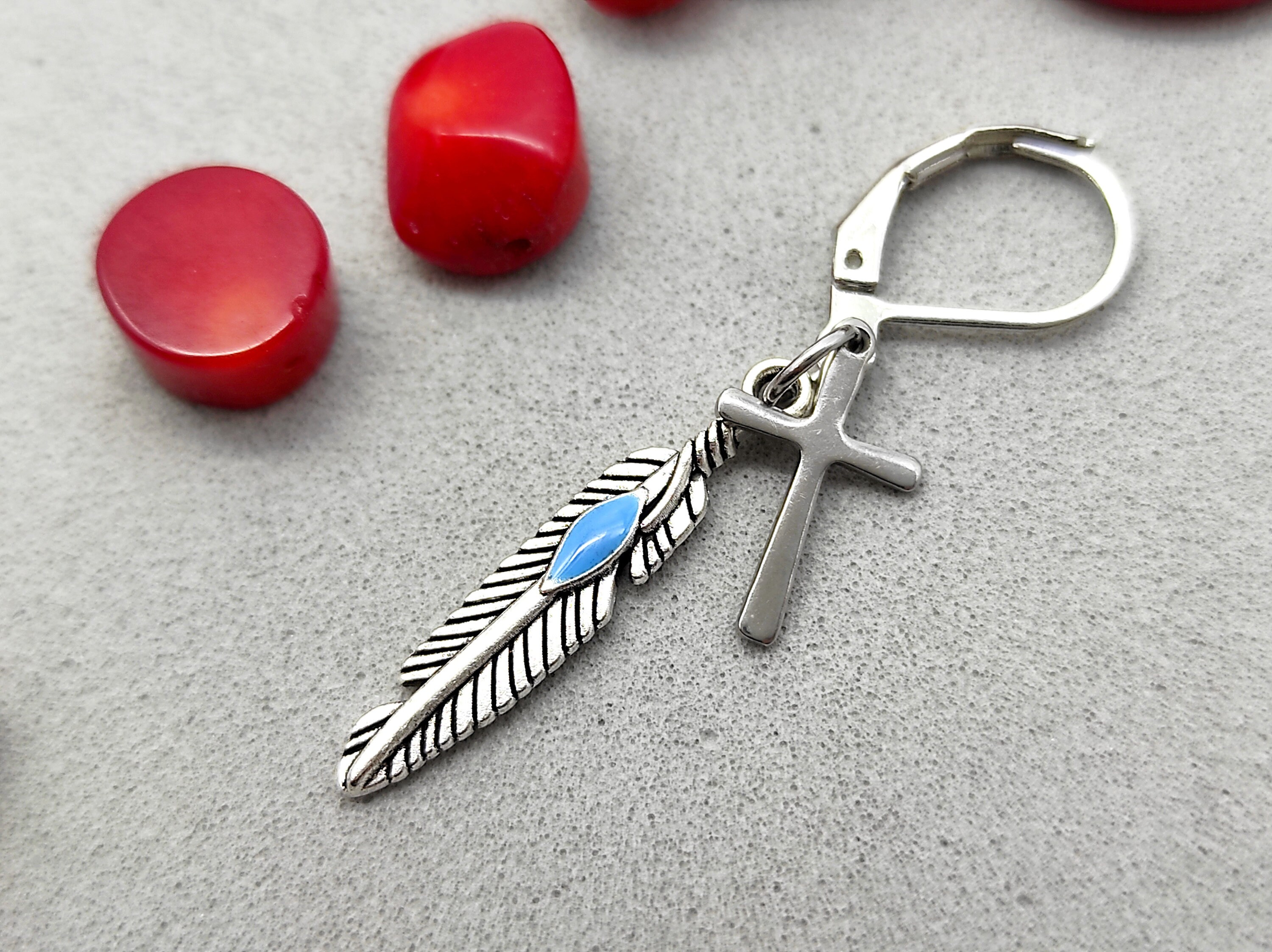 Feather & Cross earring, Symbolic meaning, Cross dangle, Men earring, Silver feather, Cross earring, Gift for him, Crow feather, Men gift