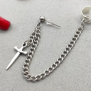 Zwaardoorbel met ketting en manchetomslag, zilveren zwaard, herensieraden, acrylzwaard, kettinghanger, voor mannen, cadeau voor mannen, grunge, zwaardhanger