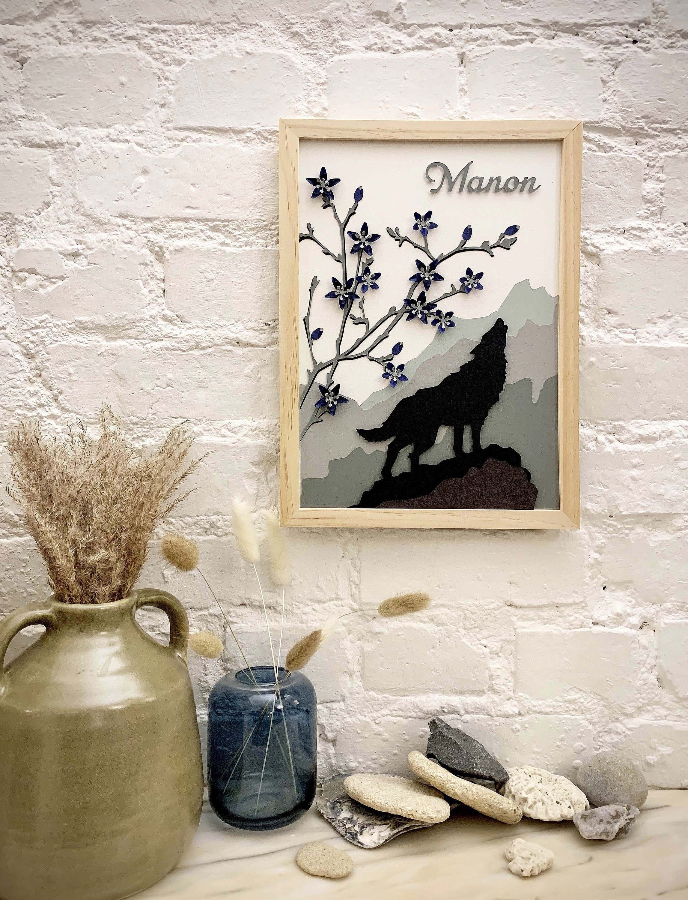 Cadre Loup et Fleurs en Papier/Prénom Personnalisable, Fleurs Décor Mural, Décoration Chambre Bébé ,