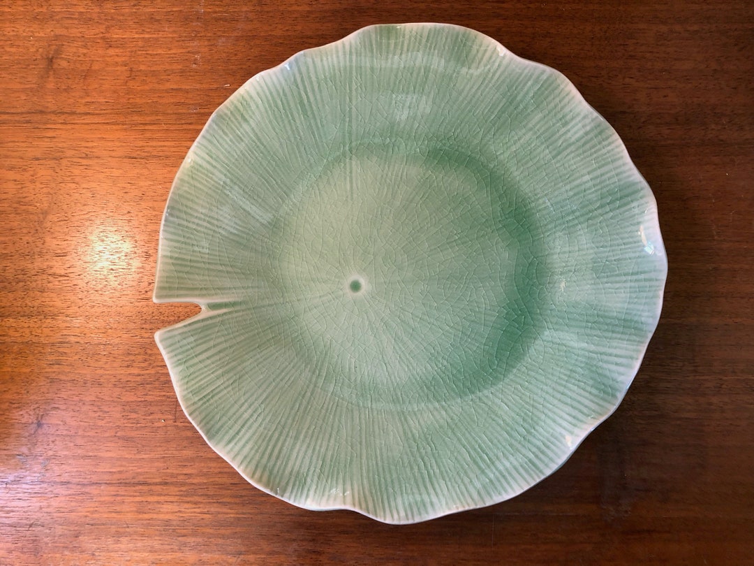 One of a Set of Large Green Ceramic Leaf Plates Suitable for Etsy