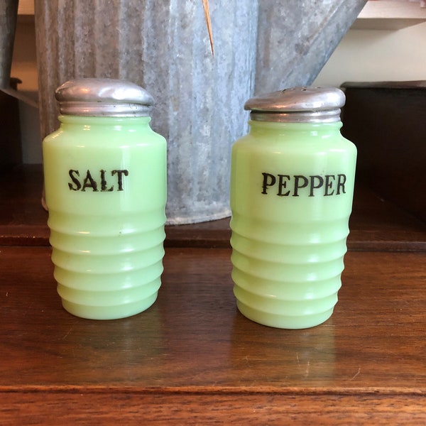 Pair of Antique Green Ribbed Jadeite Salt & Pepper Shakers with Lids