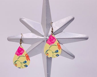 Vintage Tin Upcycled Dangle Earrings, Hot Yellow & Pink Earrings, Aesthetic Jewelry, Handmade Artisan Earrings, Jewelry Gift for Her