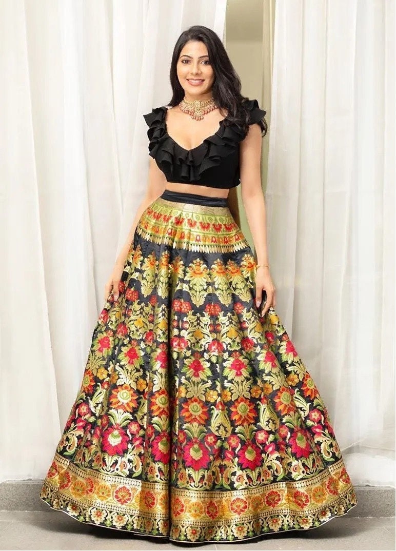 Stunning Black Banarasi Brocket Style Lehenga Dupatta Blouse