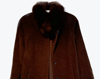 Vintage chocolate brown Albert Nipon wool coat, Saga fox fur collar, longline wool coat, fur trimmed coat, long winter coat