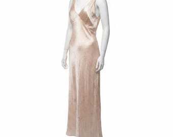RARO vestido de seda tamanho grande, estampa floral rosa e bege, corte enviesado, década de 1930.