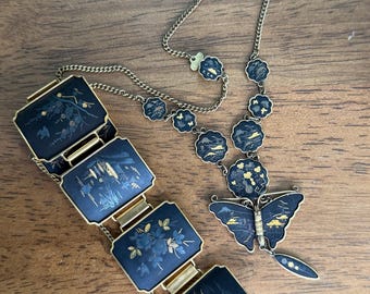 Japanese Damascene Vintage Butterfly Necklace - Shakudo Komai, 24K etched scenes on each Damascene piece with matching bracelet