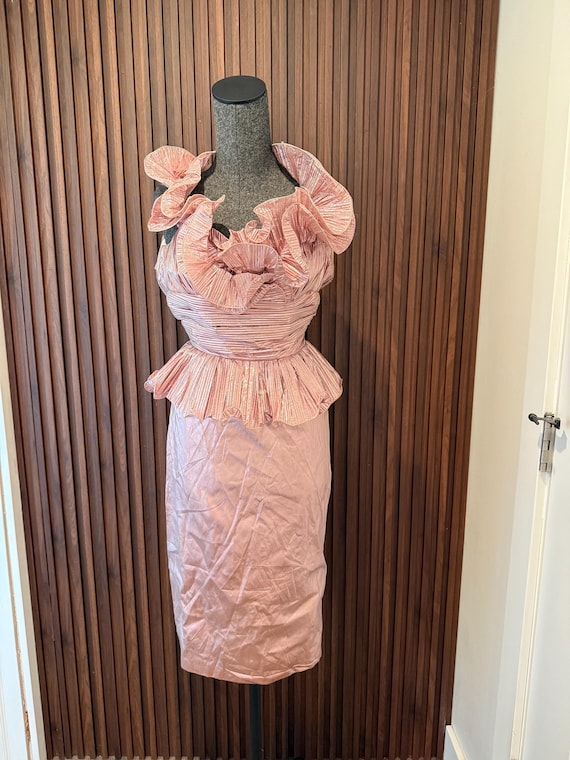 rose gold peplum dress Ladivine CD789 V-Neck 3/4 Sleeve Peplum A-Line Dress with Lace Bodice Dusty Rose / 18