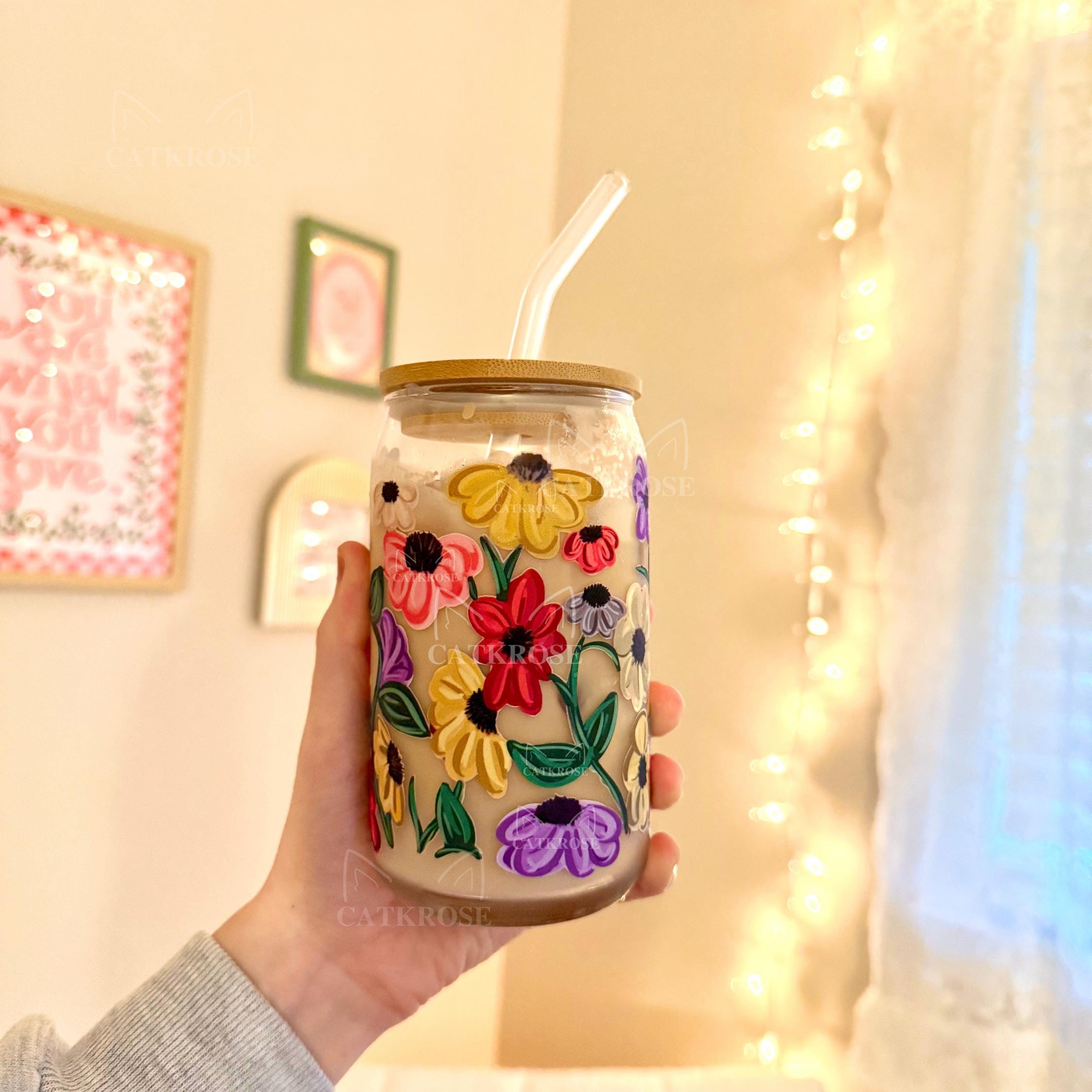 Piano Floral Glass Can Cup