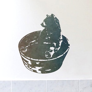 Metal Black Bear Wall Art: Bathing in Barrel Tub, Country Cabin Decor