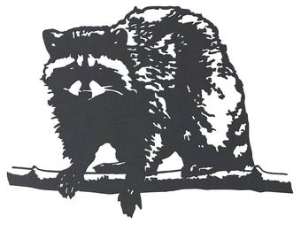 Metal Raccoon on Branch Wall Art: Wildlife Decor