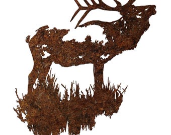 Metal Elk Bugling Wall Art: Rustic Lodge Cabin Decor (23 3/4" x 26 7/8")