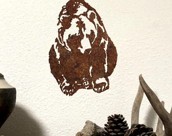 Grizzly Bear Metal Wall Art: Cabin Lodge Decor, Wildlife Silhouette
