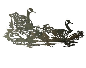 Metal Geese and Goslings Wall Art: Farmhouse Cabin Decor (30" x 15")