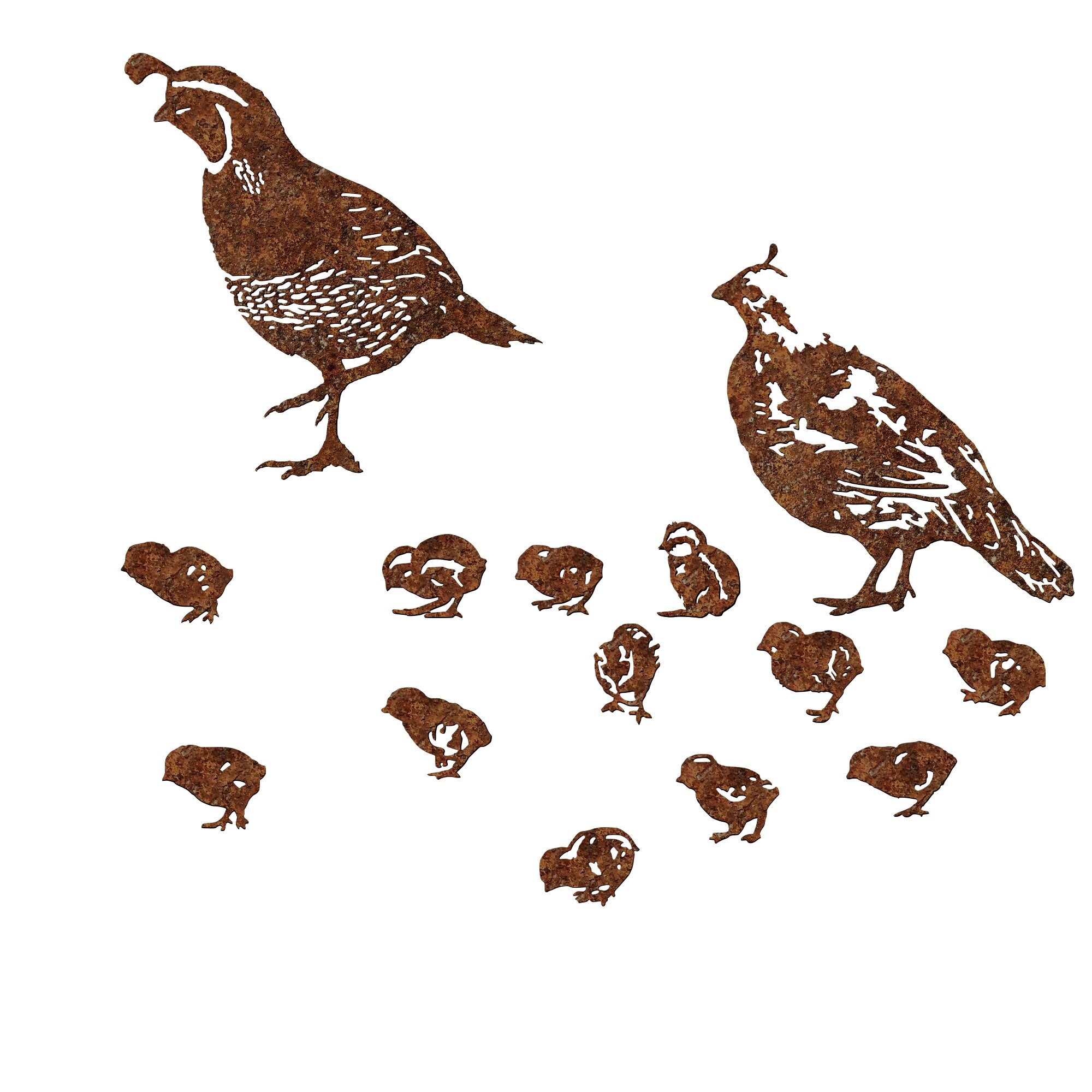 Quail Covey Roo, Hen and a Dozen Chicks Metal Art Wall Décor, Nature