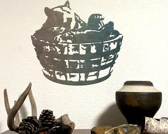 Metal Black Bear Wall Art: Bathing in Barrel, Cabin Decor