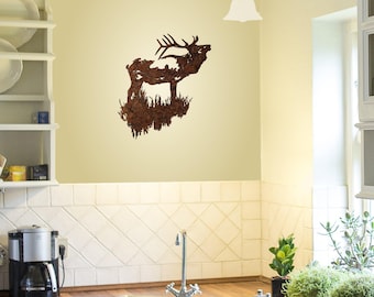 Metal Elk Bugling Wall Art: Rustic Lodge Cabin Decor (23 3/4" x 26 7/8")
