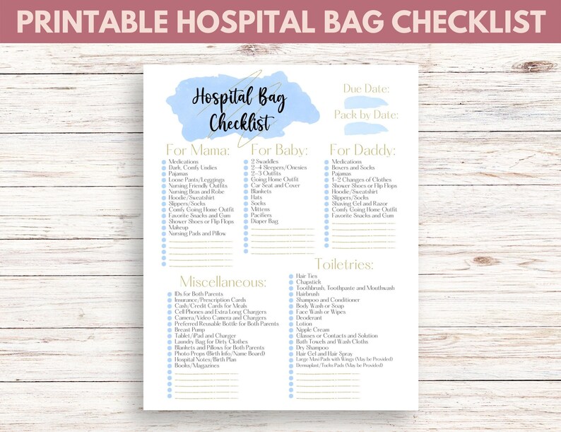 Blue Hospital Bag Checklist Printable Packing List Birth Packing List