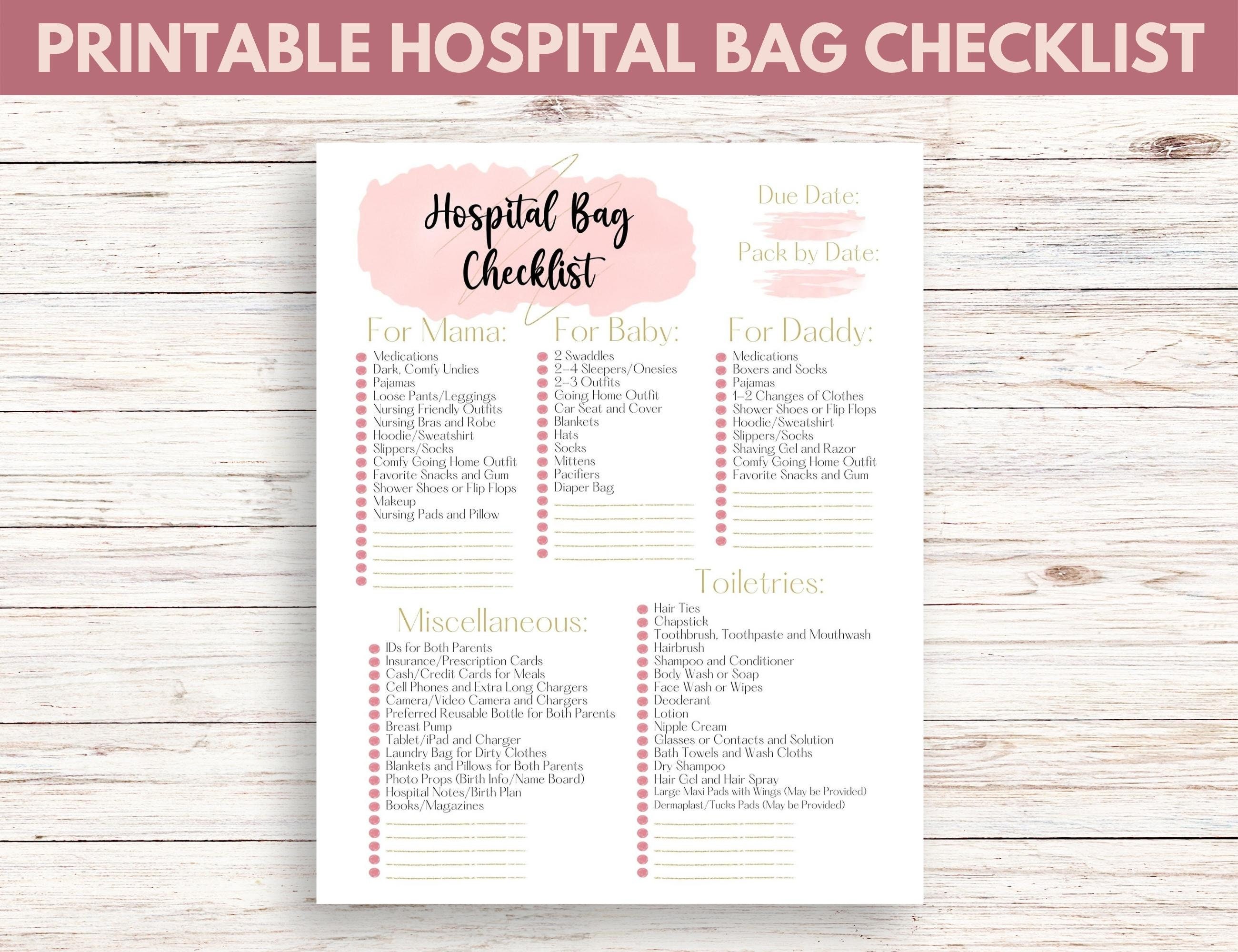 Hospital Bag Checklist | Printable Packing List | Birth Packing List | Labor and Delivery ...
