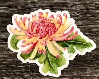 Watercolor chrysanthemum waterproof flower vinyl sticker, November birthday gifts