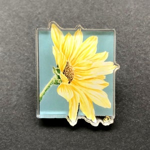 Watercolor sunflower acrylic pin, floral brooch