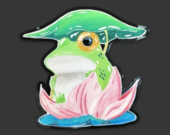Lily frog waterproof vinyl stickers, lotus flower & cute frog decals