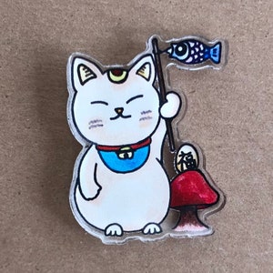 Koinobori Japanese Carp Streamer Lucky Cat Acrylic Pin, cat brooch