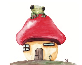 Cottagecore watercolor frog and mushroom house wall art, cute frog art print