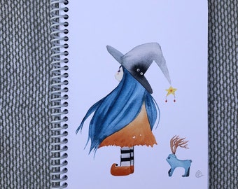 Blank Notebook sketchbook watercolor witch girl and friend, Witch Juni