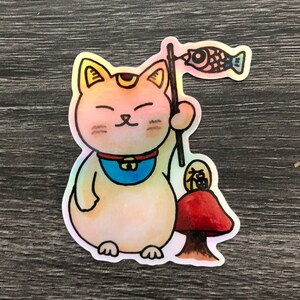 Cat stickers, Koinobori Cat Holographic Sticker, waterproof kitty decals, carp streamer stickers, cute cat decals