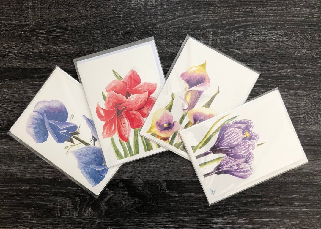 Watercolor Flower Cards Set, Flower Notecards, Floral Cards, Blank ...