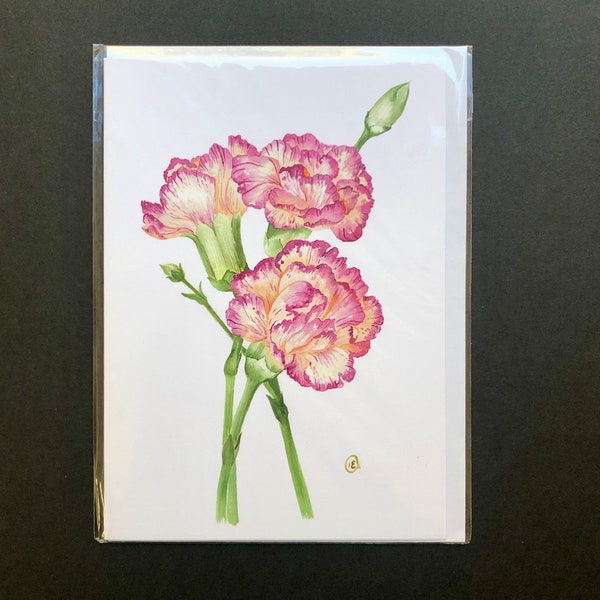 Watercolor carnation flowers blank greeting cards, January birthday flower folded note cards