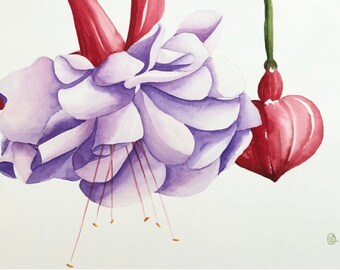 Vintage floral art print watercolor fuchsia flower home decor