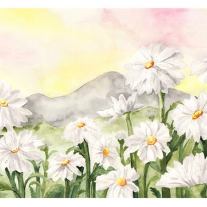 Watercolor daisy flower field fine art print botanical wall art home decor