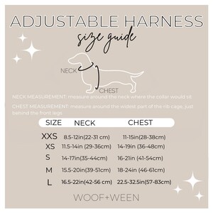 May include: Adjustable dog harness size guide with a line drawing of a dachshund. The chart shows sizes from XXS to L with neck and chest measurements in inches and centimeters.