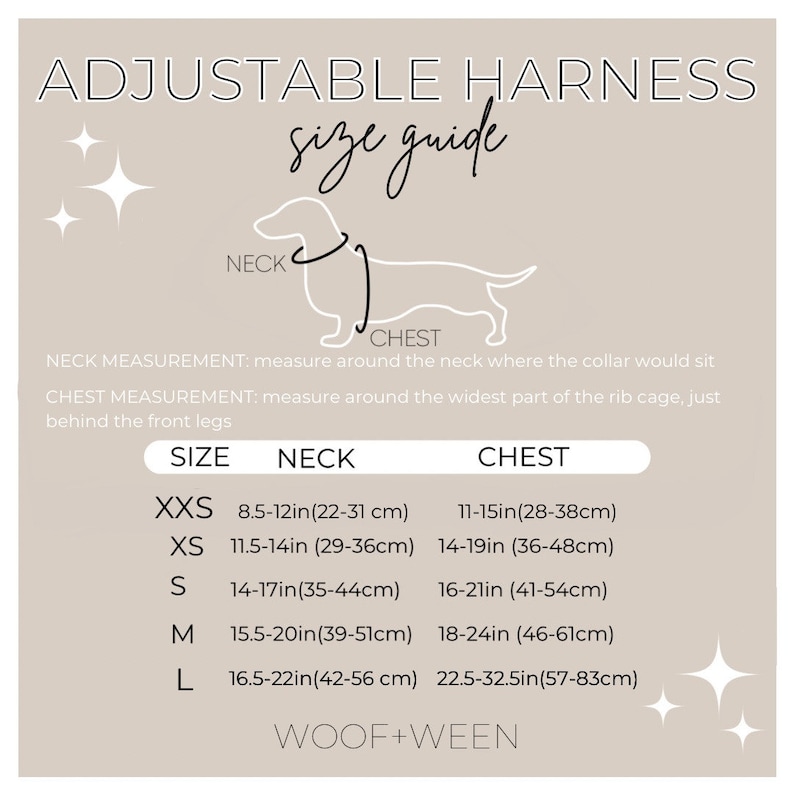 May include: Adjustable dog harness size guide with a line drawing of a dachshund. The chart shows sizes from XXS to L with neck and chest measurements in inches and centimeters.