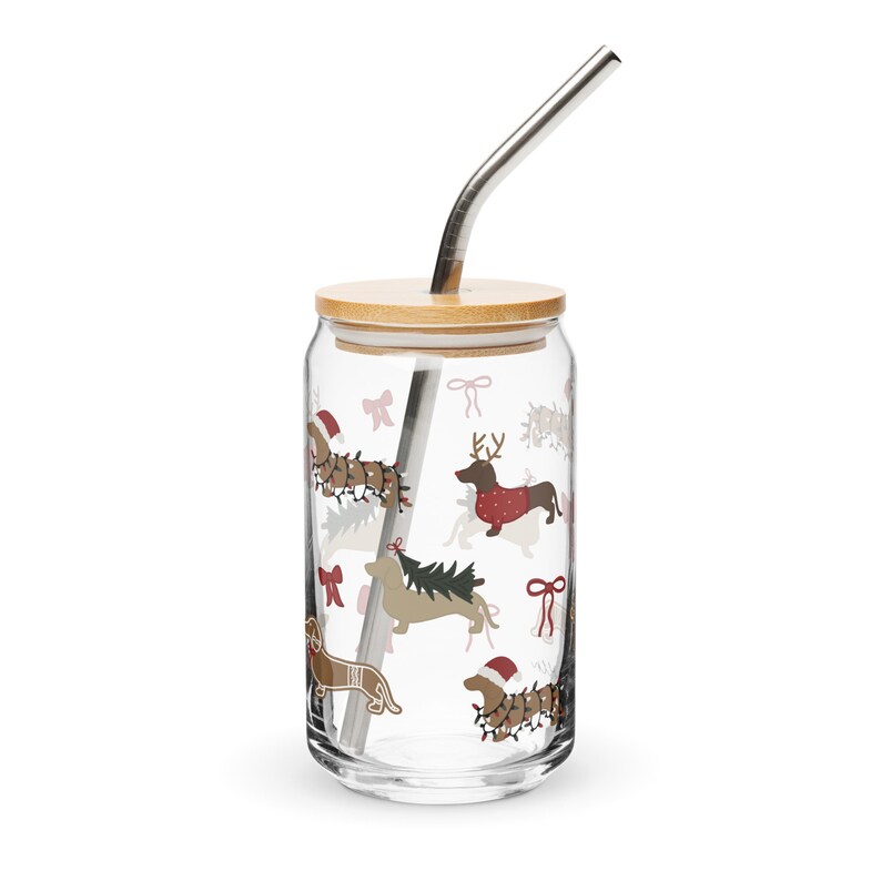 Glass Cup - dachshund christmas tumbler with doxies
