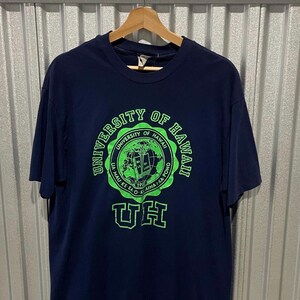 May include: Navy blue t-shirt with the University of Hawaii emblem in green. The emblem includes the text "University of Hawaii" and "UH". The t-shirt is displayed on a wooden hanger.